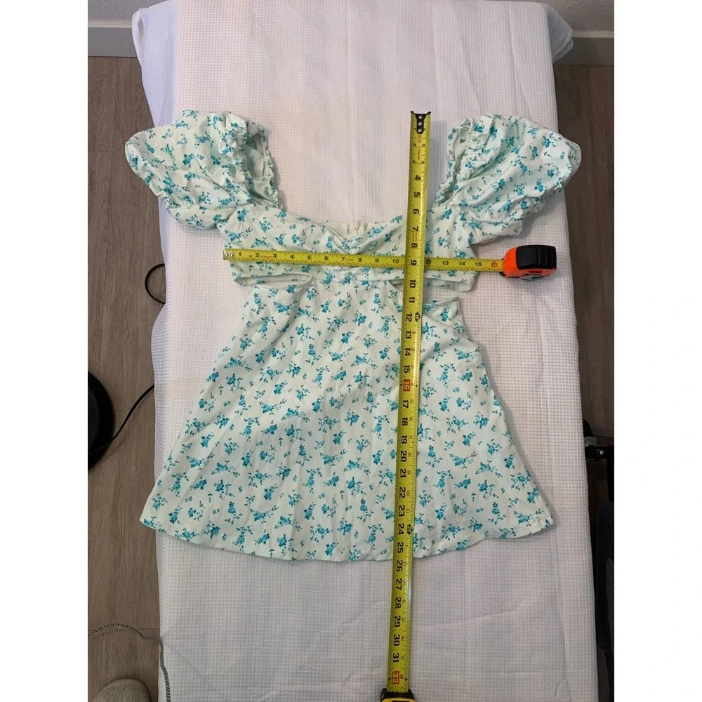 (E-131)ZARA Womens Floral Mini Dress Size M Blue White Puff Sleeve Cut Out Summe